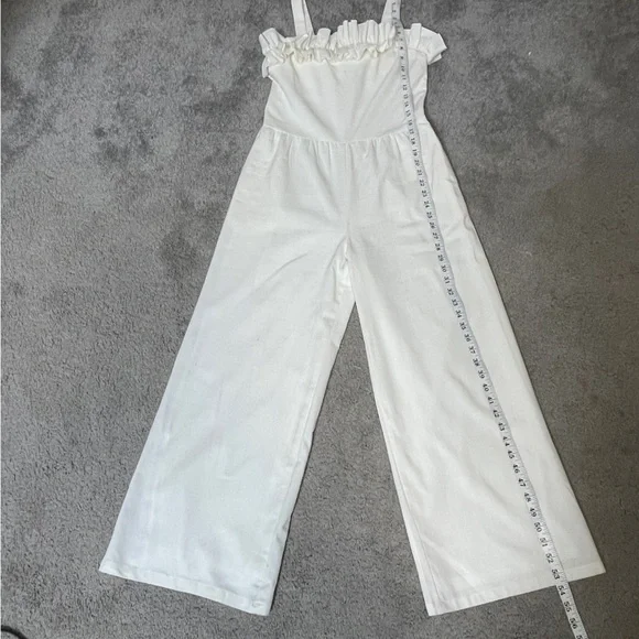 Lucca Ivory Linen Wide Leg Ruffled Jumpsuit with pockets size small - Picture 9 of 14